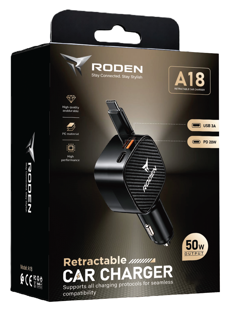 RODEN 120W SUPER FAST RETRACTABLE CAR CHARGER